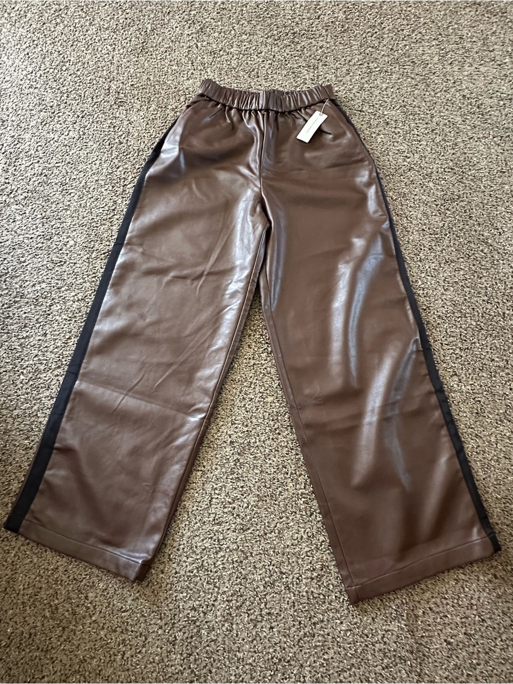 Maeve Brown Faux Leather Wide-Leg Pants with Black Side Stripe - Picture 3 of 10